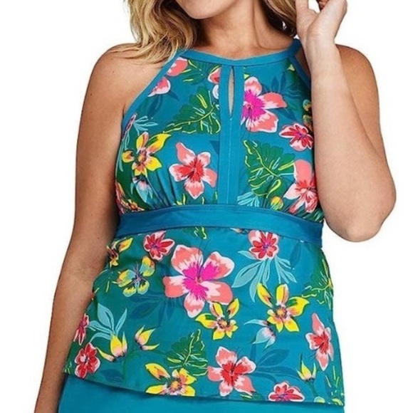 Lands’ End Keyhole High Neck Tankini Top Vivid Teal Floral Tropic. Size 16 D - Picture 1 of 8